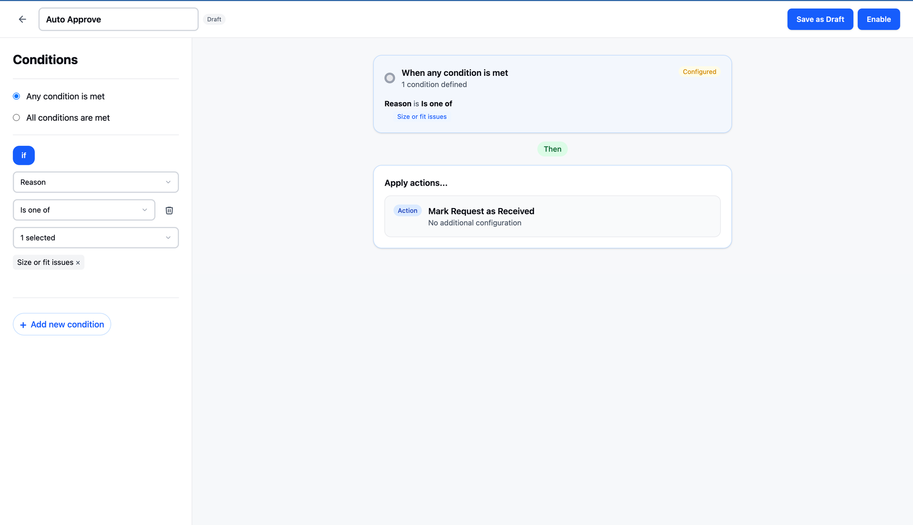 Auto Approve condition configuration showing return reason selection