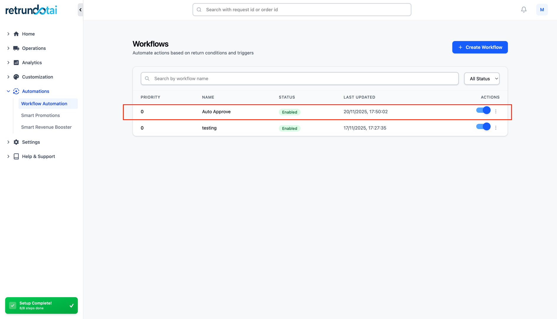Workflow Automation list showing auto-approve rules