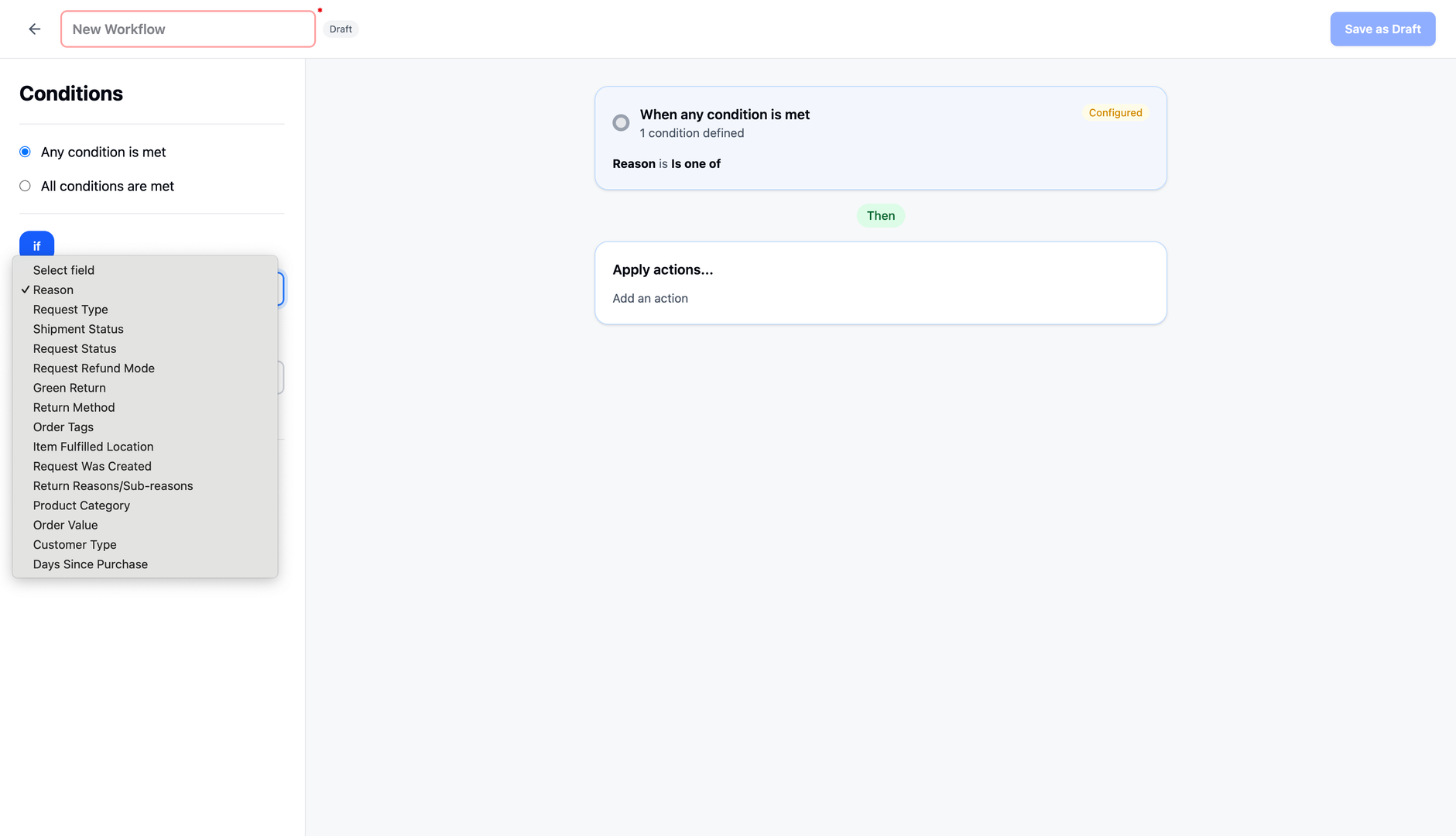 Create Workflow - Selecting workflow conditions
