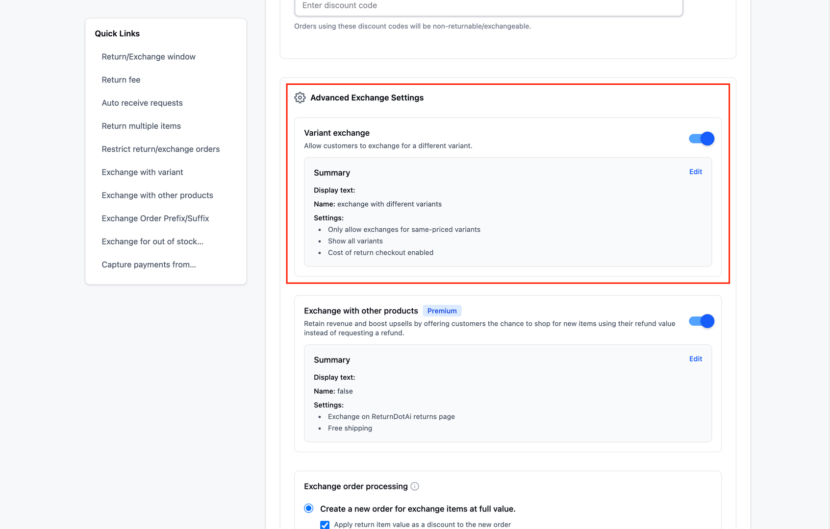 Advanced Exchange Settings with Variant Exchange toggle