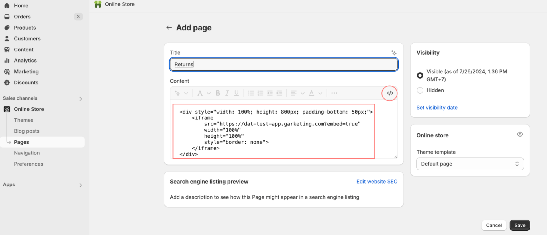 Shopify Pages section