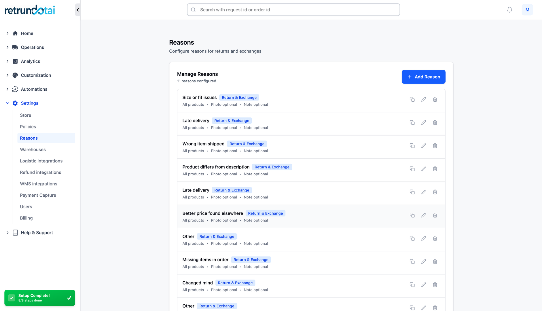 Settings menu with Return reasons list