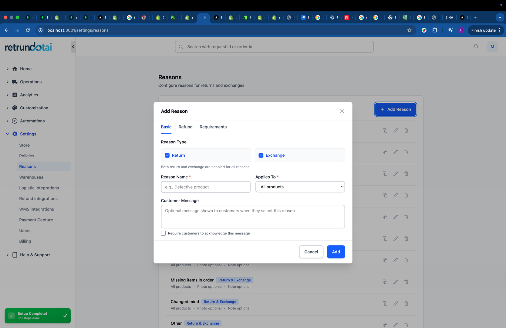 Add reason button and modal