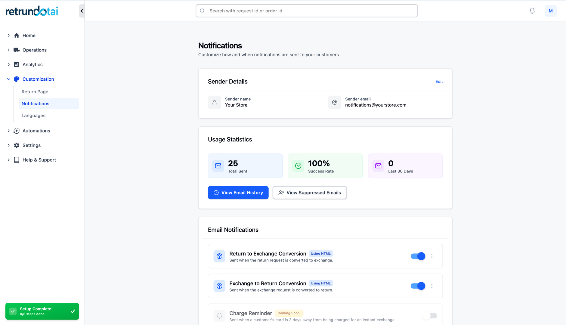 Sender Details card with Edit button and sender information modal