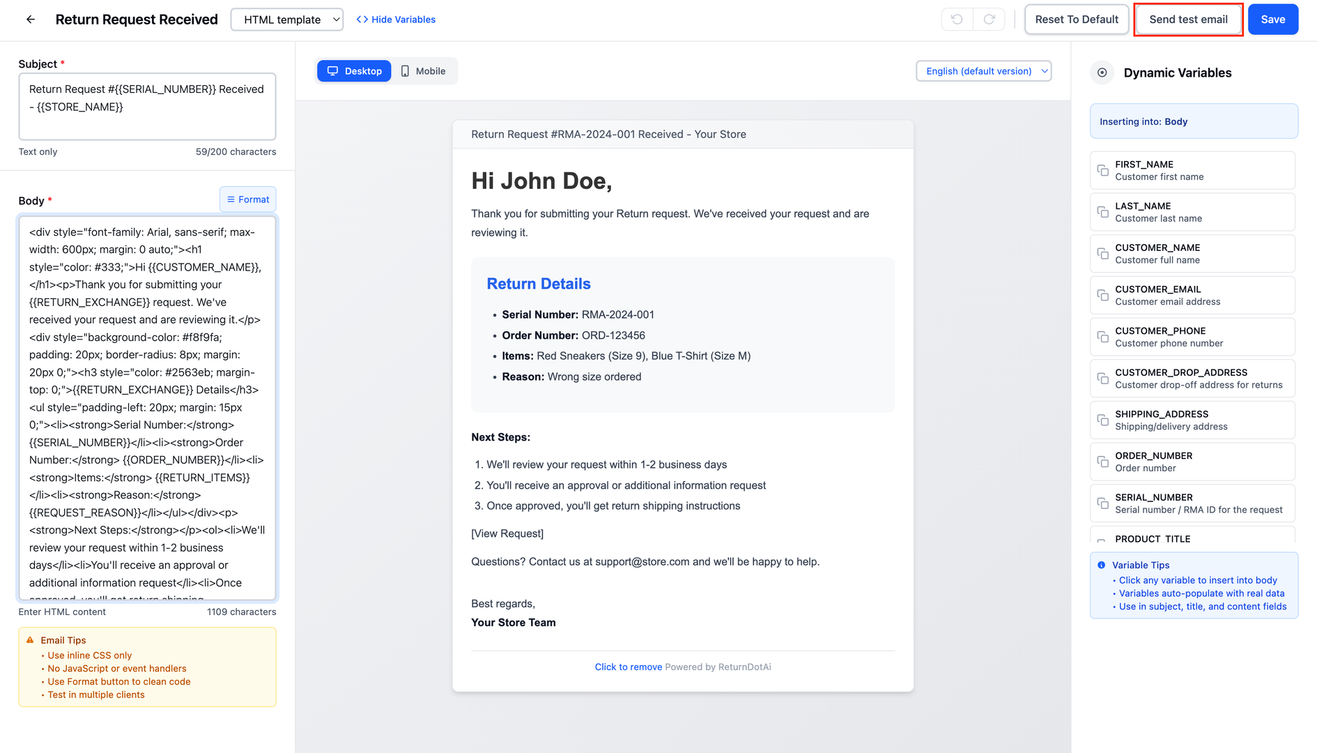 Send Test Email button in template editor with email input field