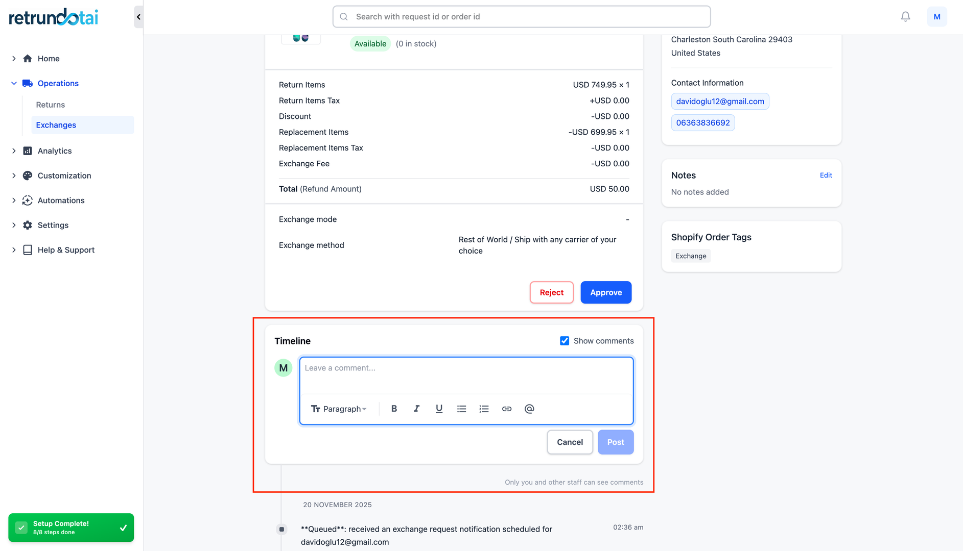Request Timeline section in return/exchange details