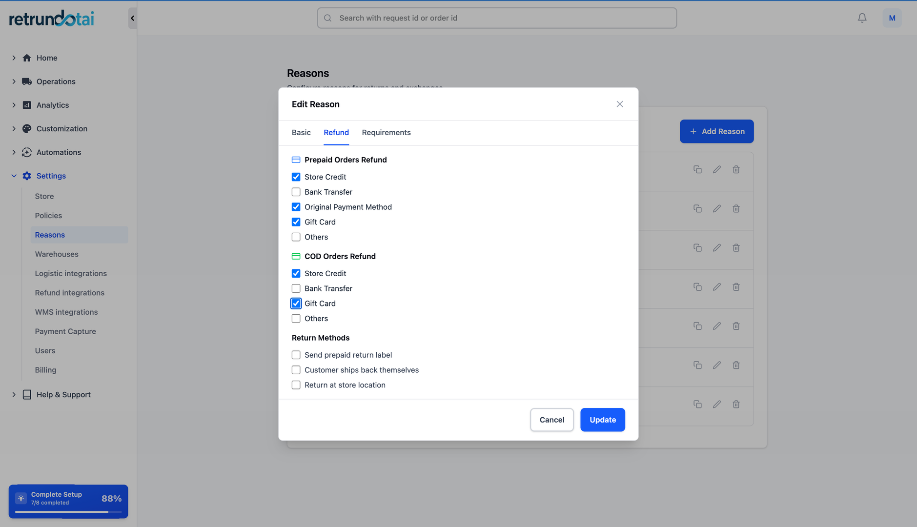 Enable Refund to Gift Card settings
