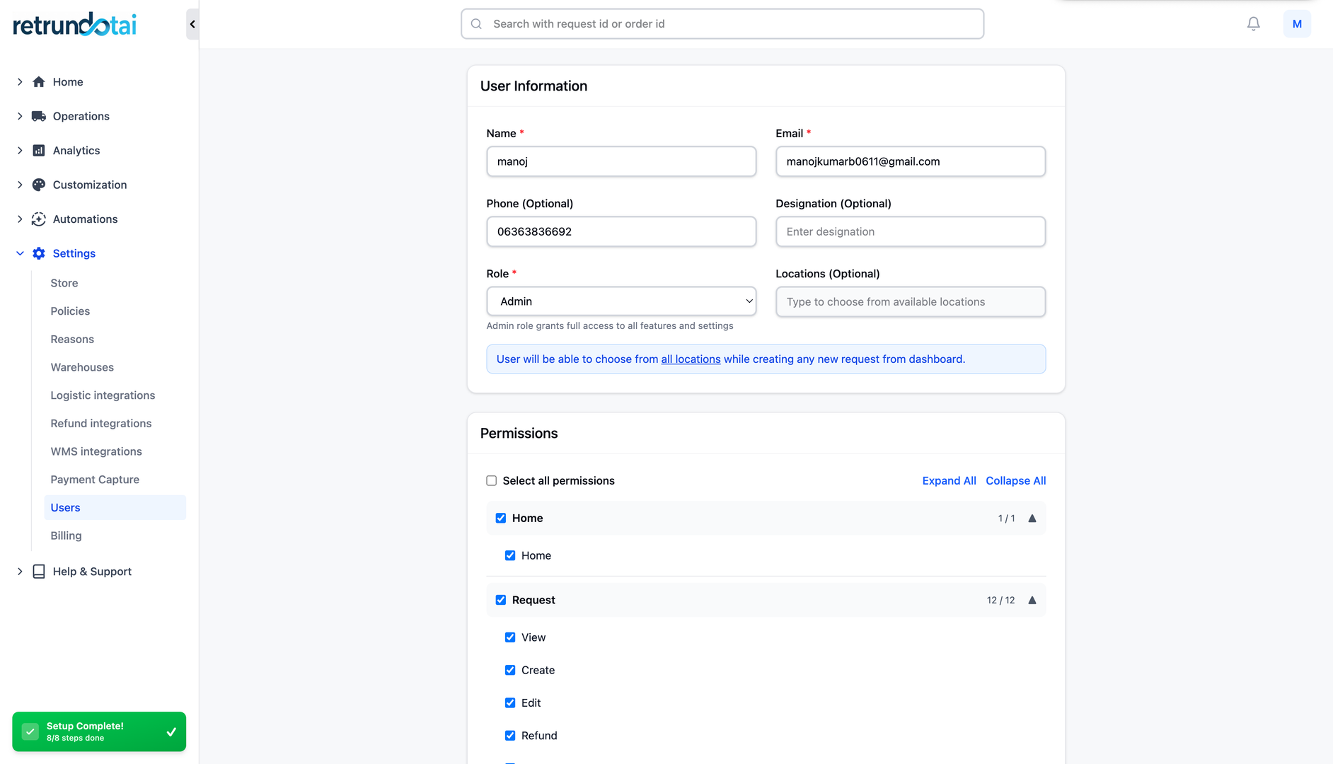 Core Workflows - User permissions detail view