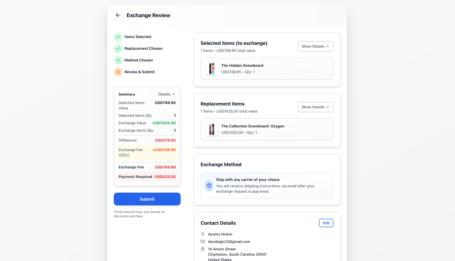Customer clicking Exchange button in return portal