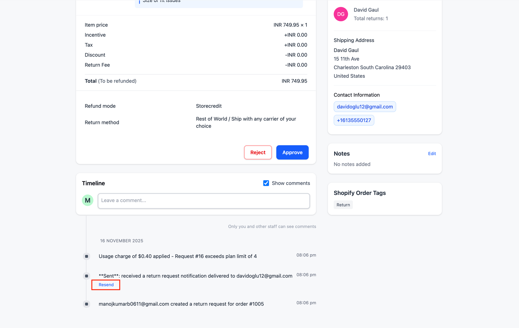 Resend button in timeline entry