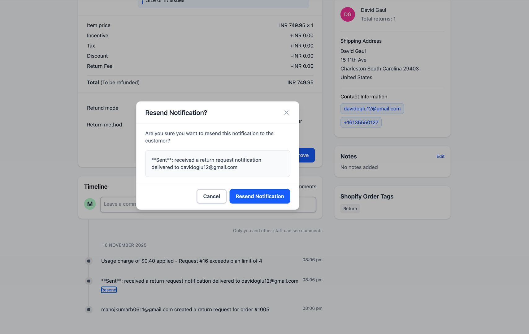 Resend confirmation in timeline