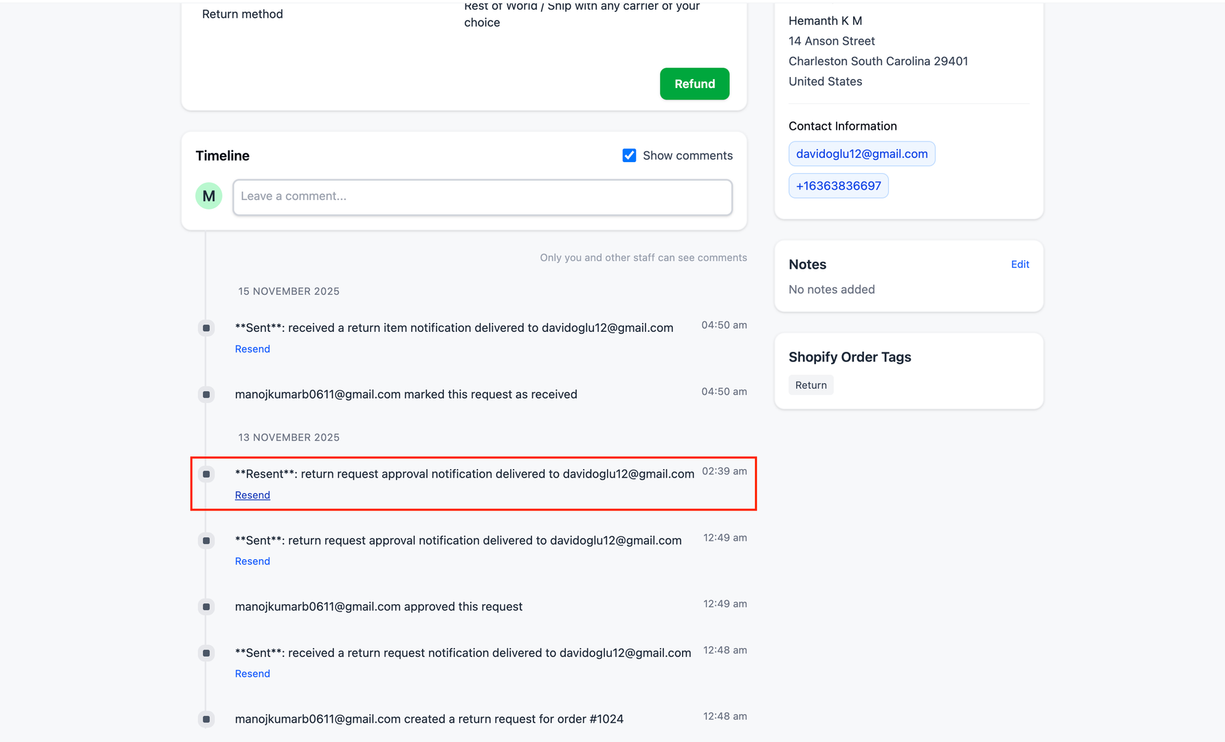 Timeline list with resend buttons