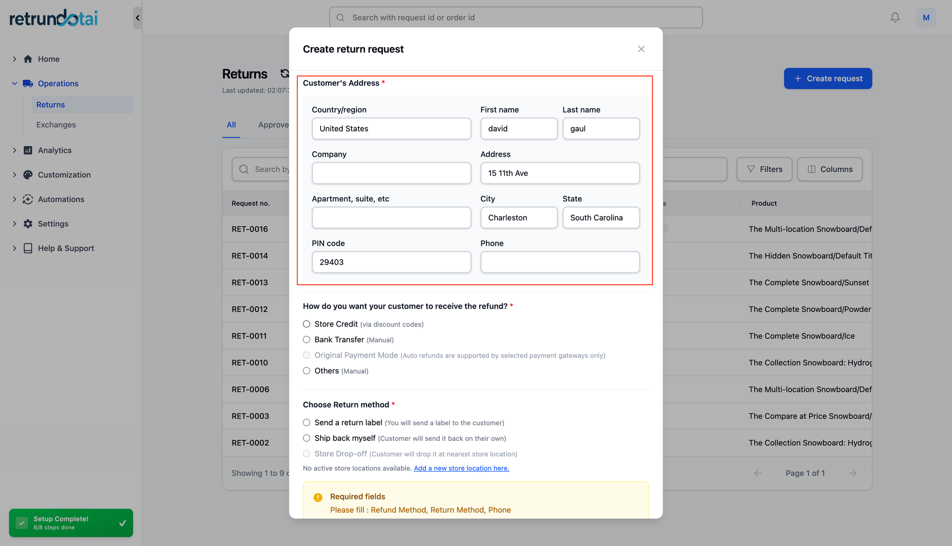 Select return items and quantities