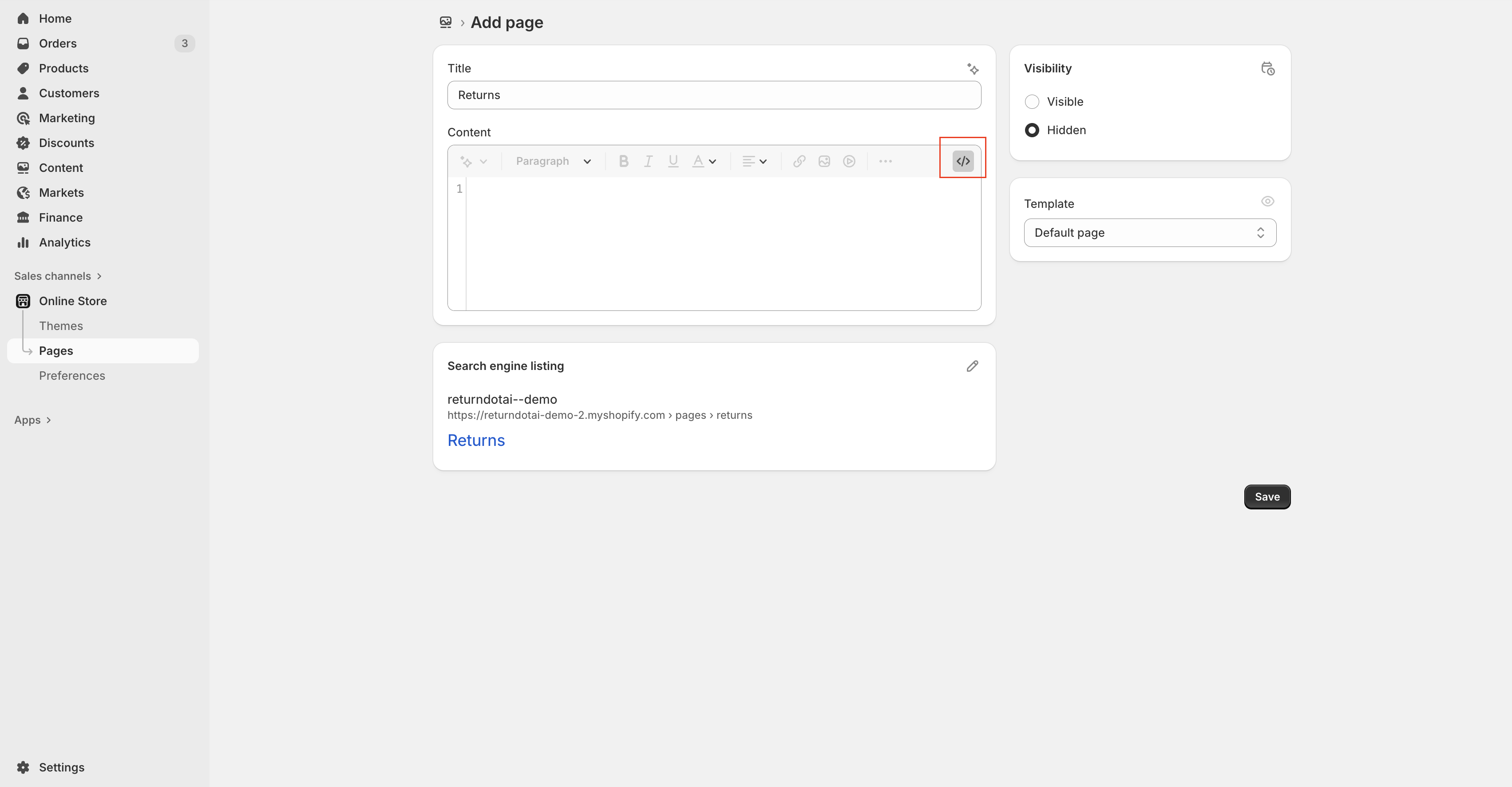 Configure page title and HTML editor