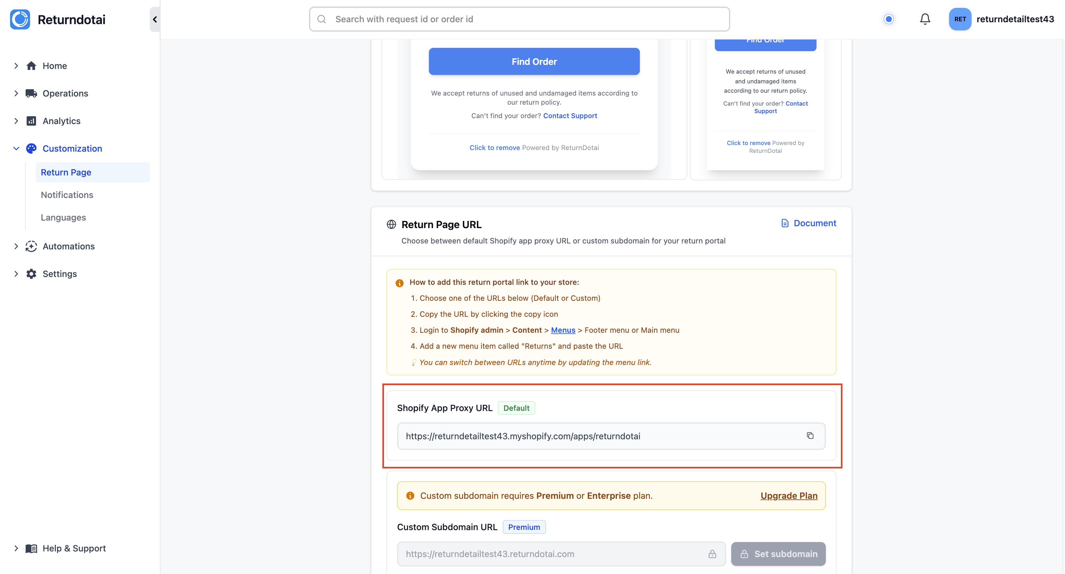 Return App Proxy section in Returndotai settings